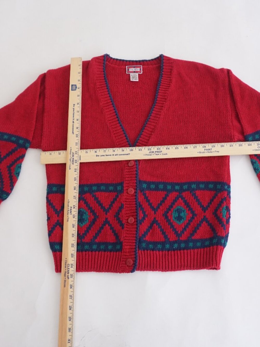 Vintage Gina Peters Red Geometric Knit Button Front Grandpa Cotton Cardigan M - Picture 3 of 9